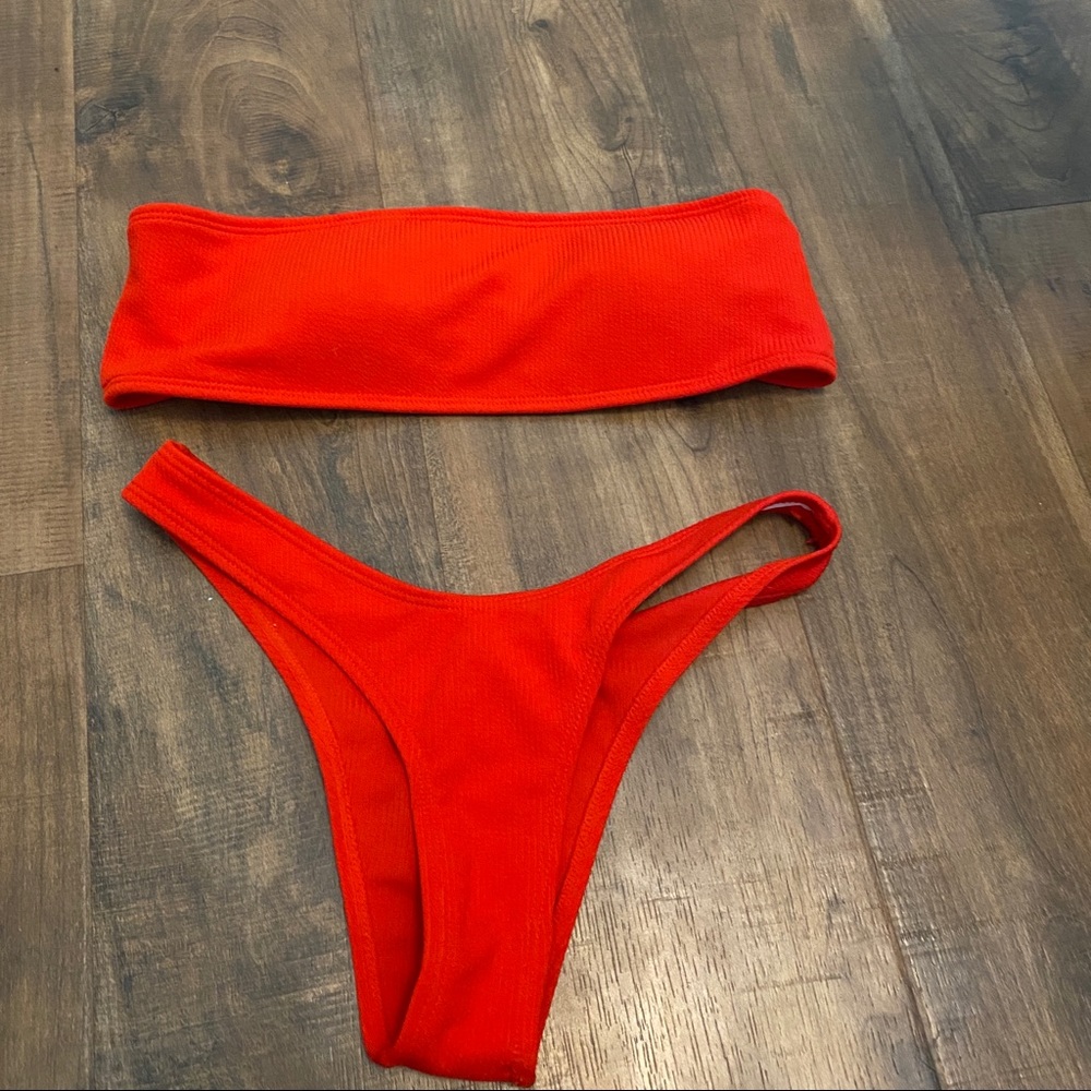 red bandeau bikini ribbed